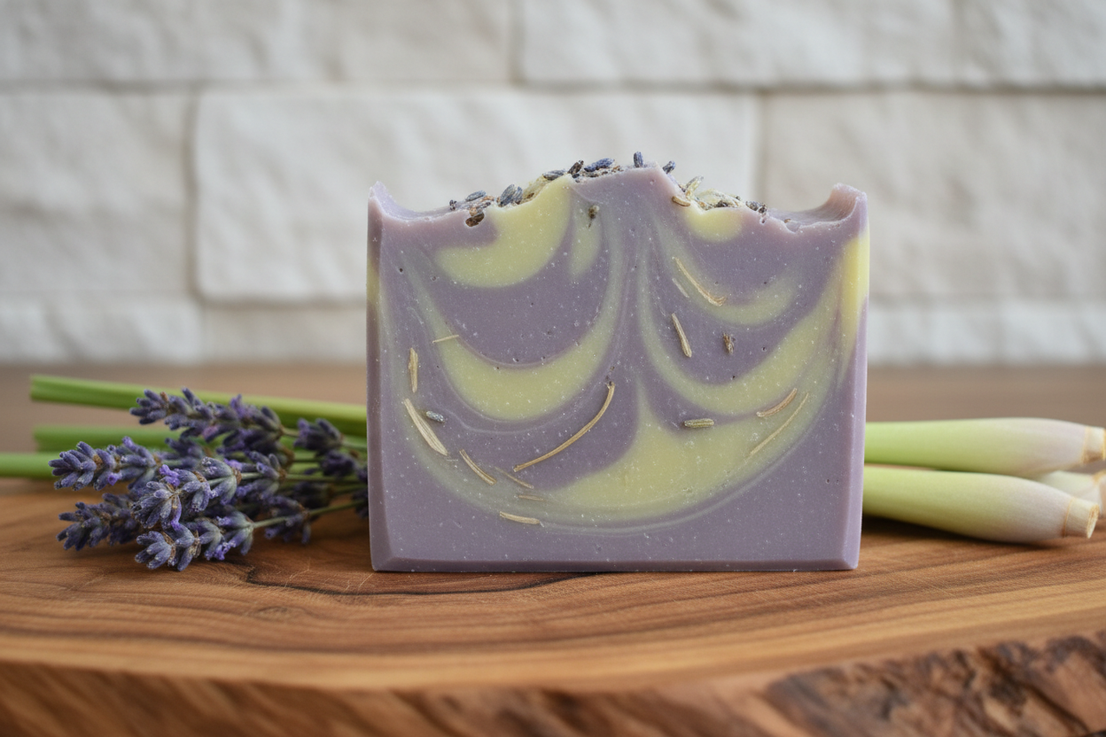 create a picture of lavender and lemongrass soap
